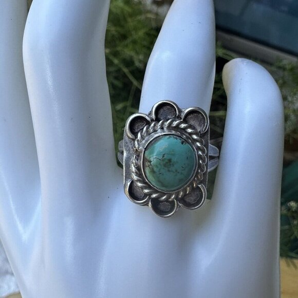 VTG Native American Old Pawn Ring Size 7 Sterling Silver Turquoise Floral 6.3g - Picture 8 of 10